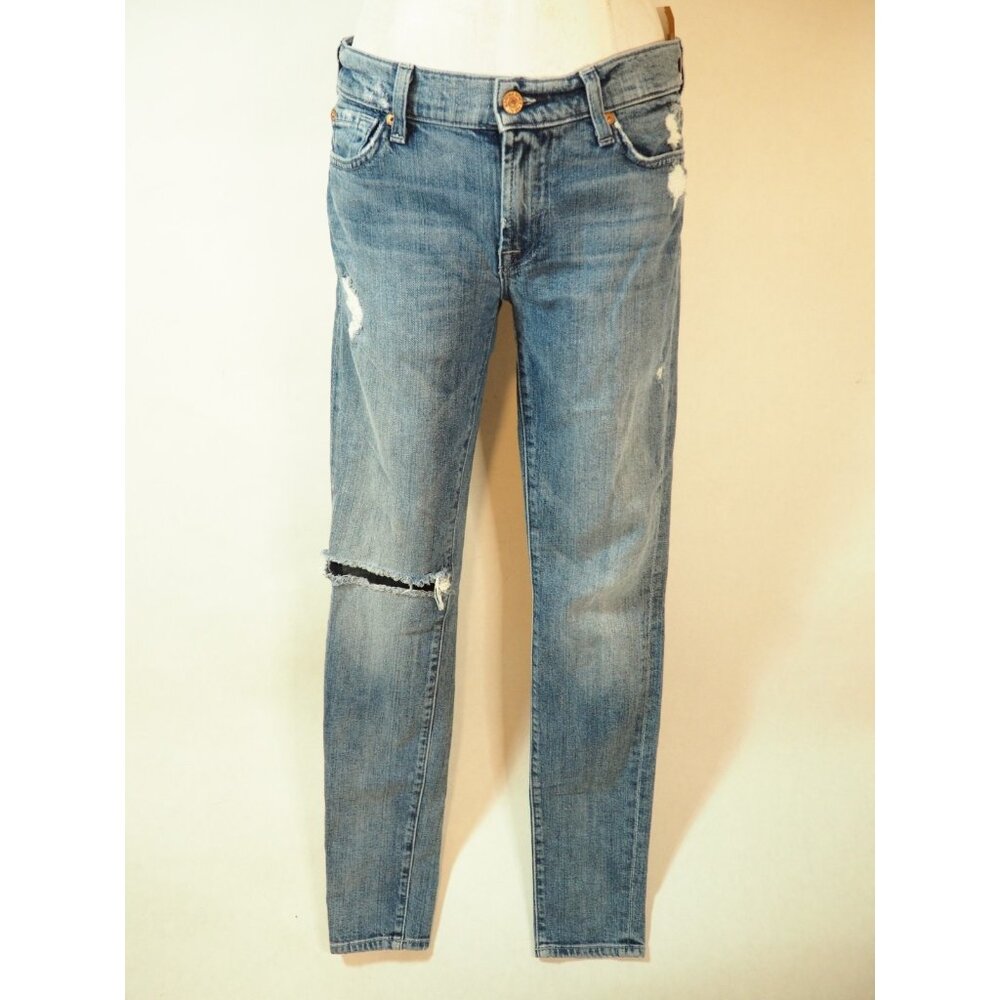 7 For All Mankind Medium Wash The Skinny Distressed Blue Denim Jeans, Size 27